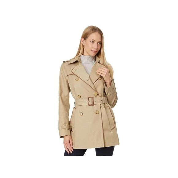 Lauren Ralph Lauren Short Double Breasted Trench Coach in Birch Tan Sz Large - Picture 1 of 6